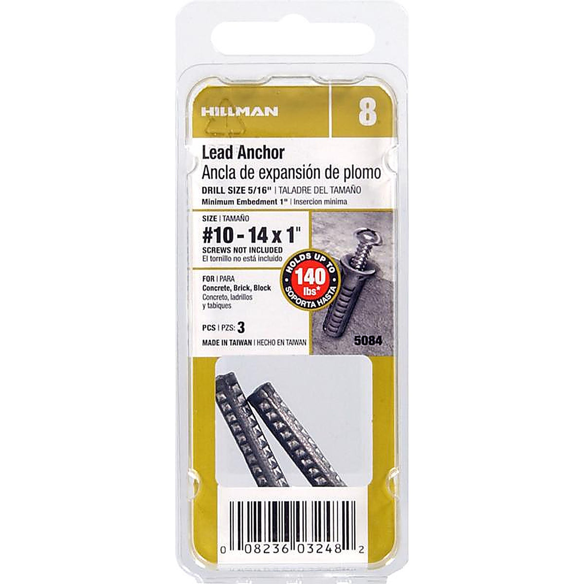 Hillman 5084 1/4 in. Dia. x 1 in. L Lead Round Head Concrete Screw Anchor 3/Pack