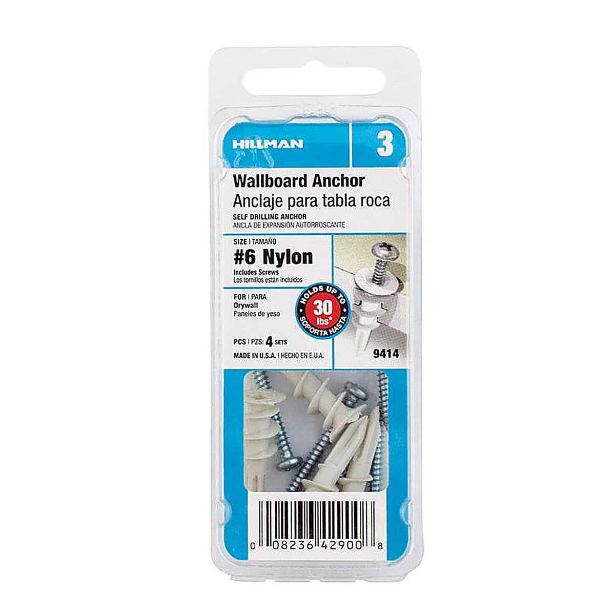 Hillman 9414 .138 in. Dia. x 1-1/4 in. L Nylon Pan Head Wallboard Anchors 4/Pack