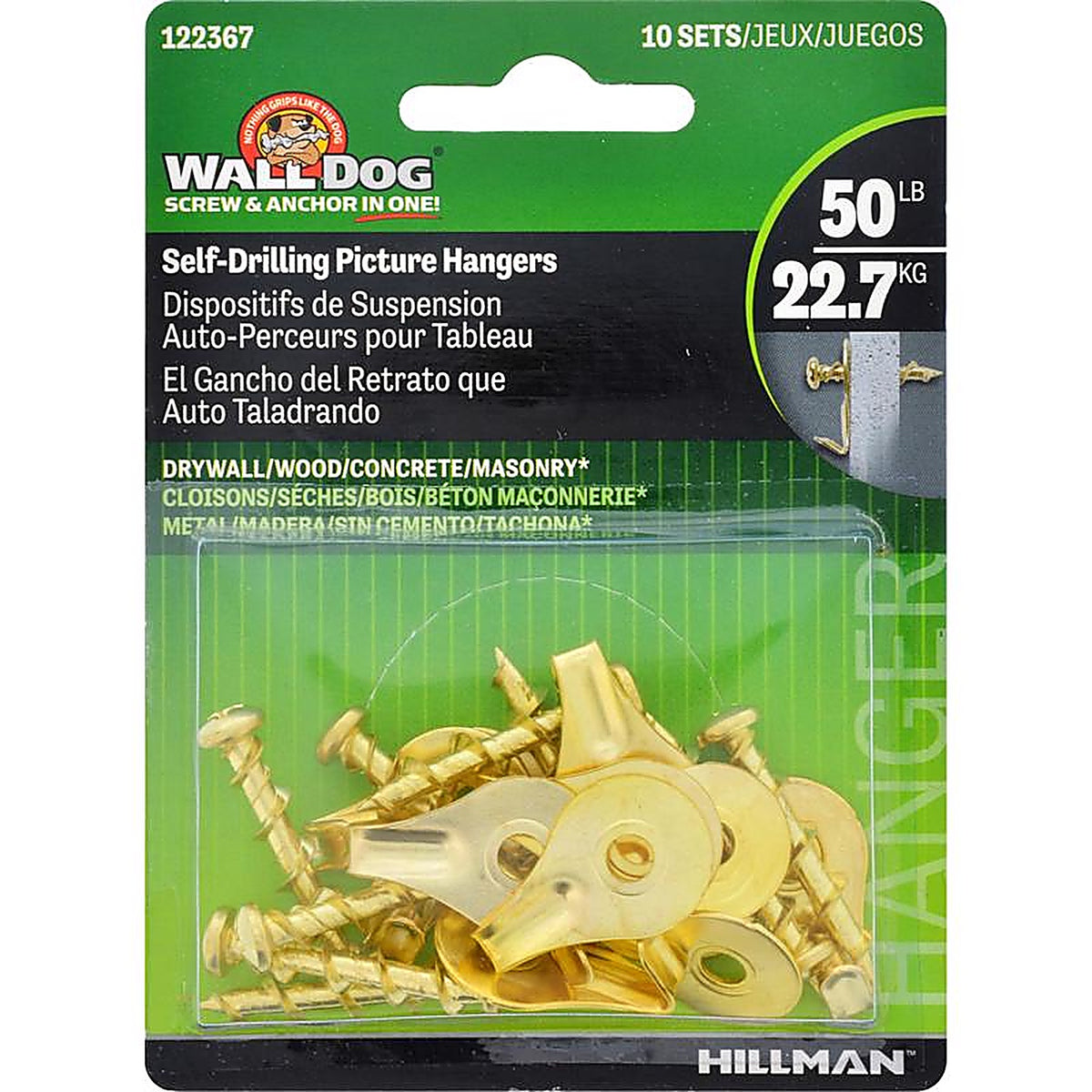 Hillman 122367 WALL DOG Brass-Plated Gold Self-Drilling Picture Hanger 50 lb. 10/Pack