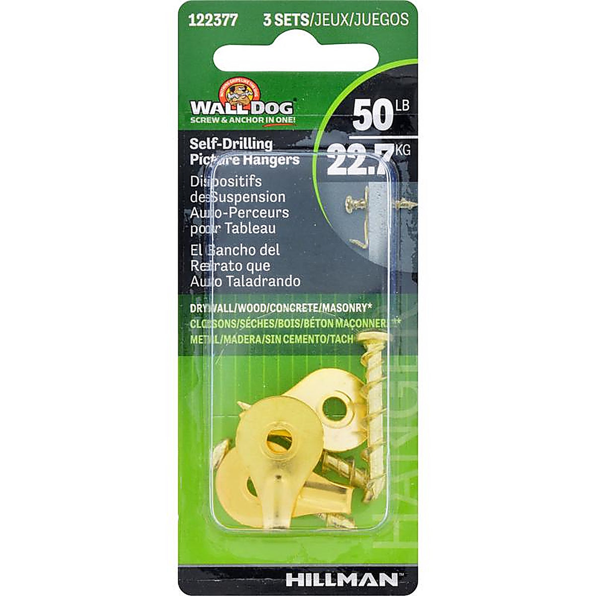 Hillman 122377 WALL DOG Brass-Plated Gold Self-Drilling Picture Hanger 50 lb. 3/Pack