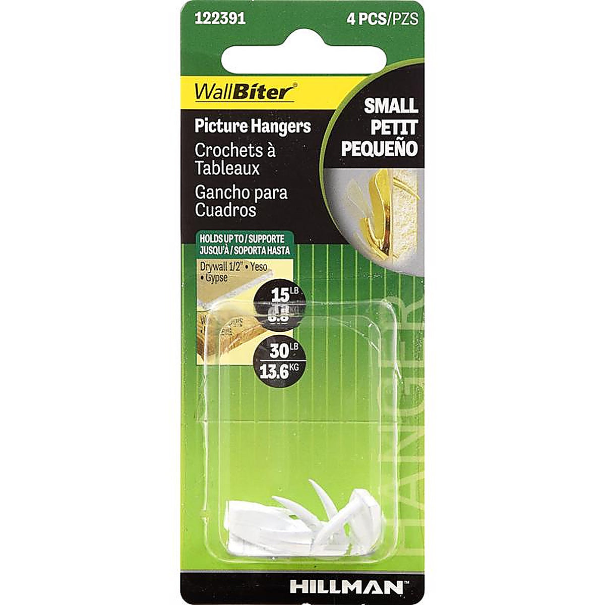 Hillman 122391 WallBiter Brass-Plated Silver Small Picture Hook 30 lb. 4/Pack