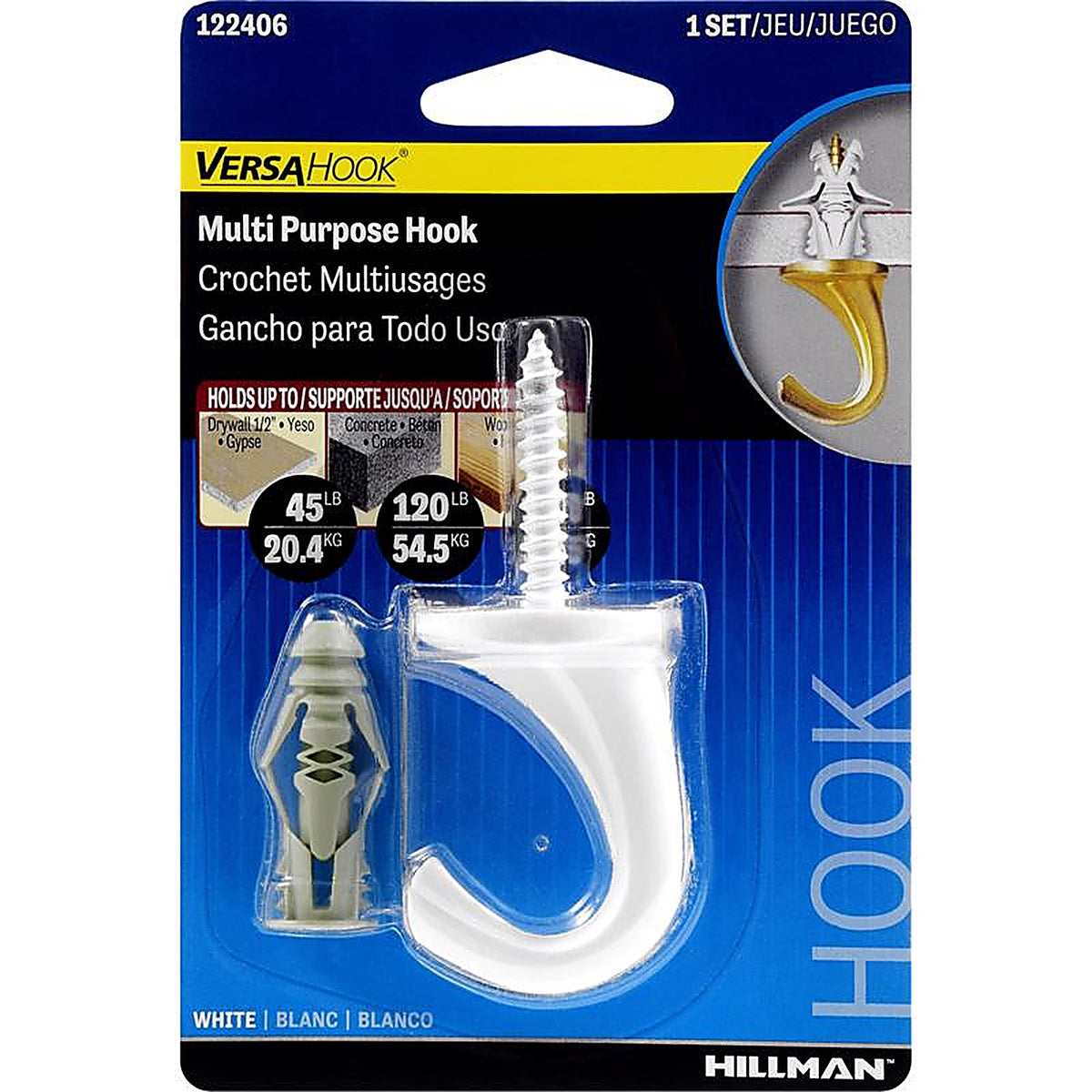 Hillman 122406 White Ceramic/Zinc Large Versa Hook 35 lb. Drywall 75 lb. Wood 1/Pack