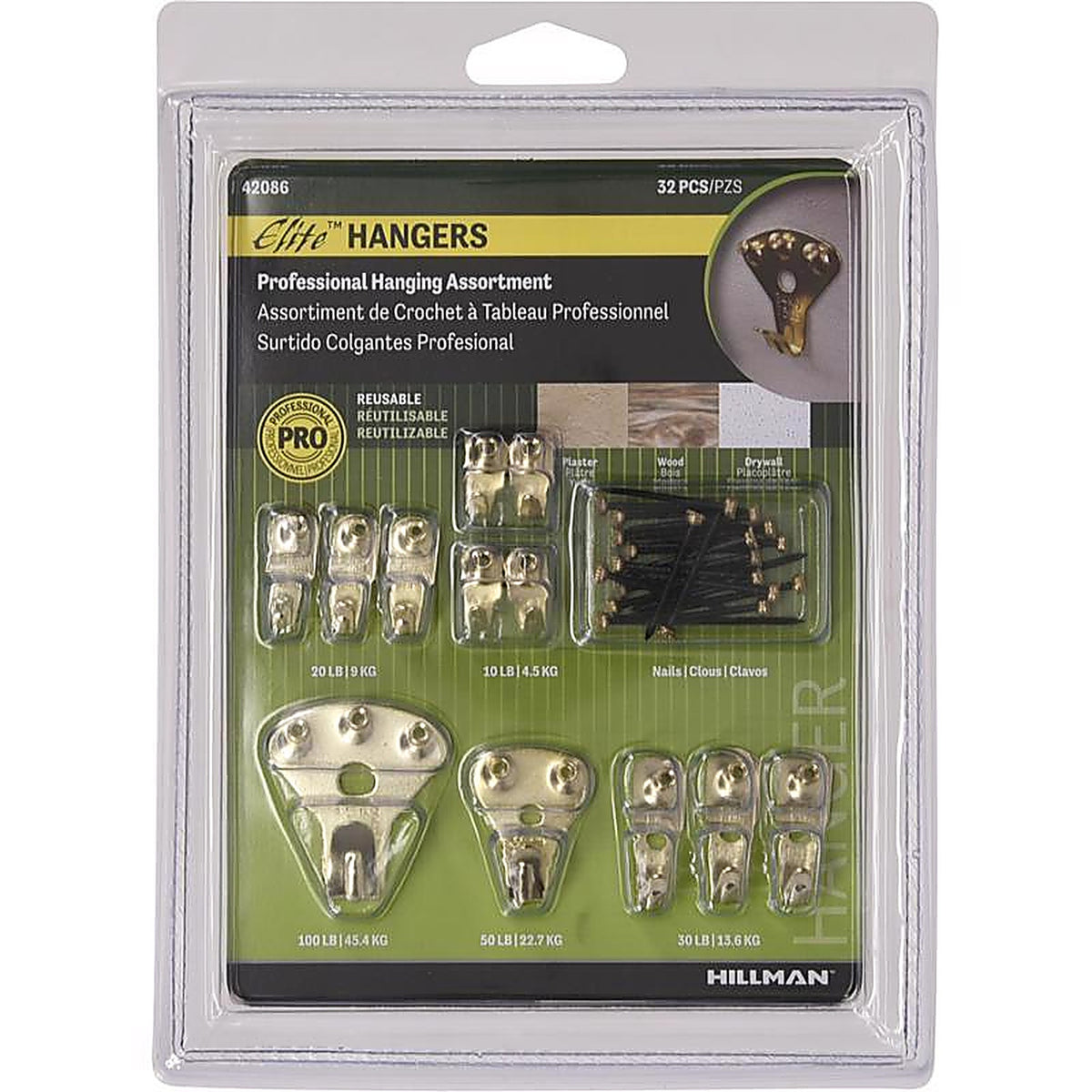 Hillman 42086 Elite Brass-Plated Classic Picture Hanging Set 10 lb. 32/Pack