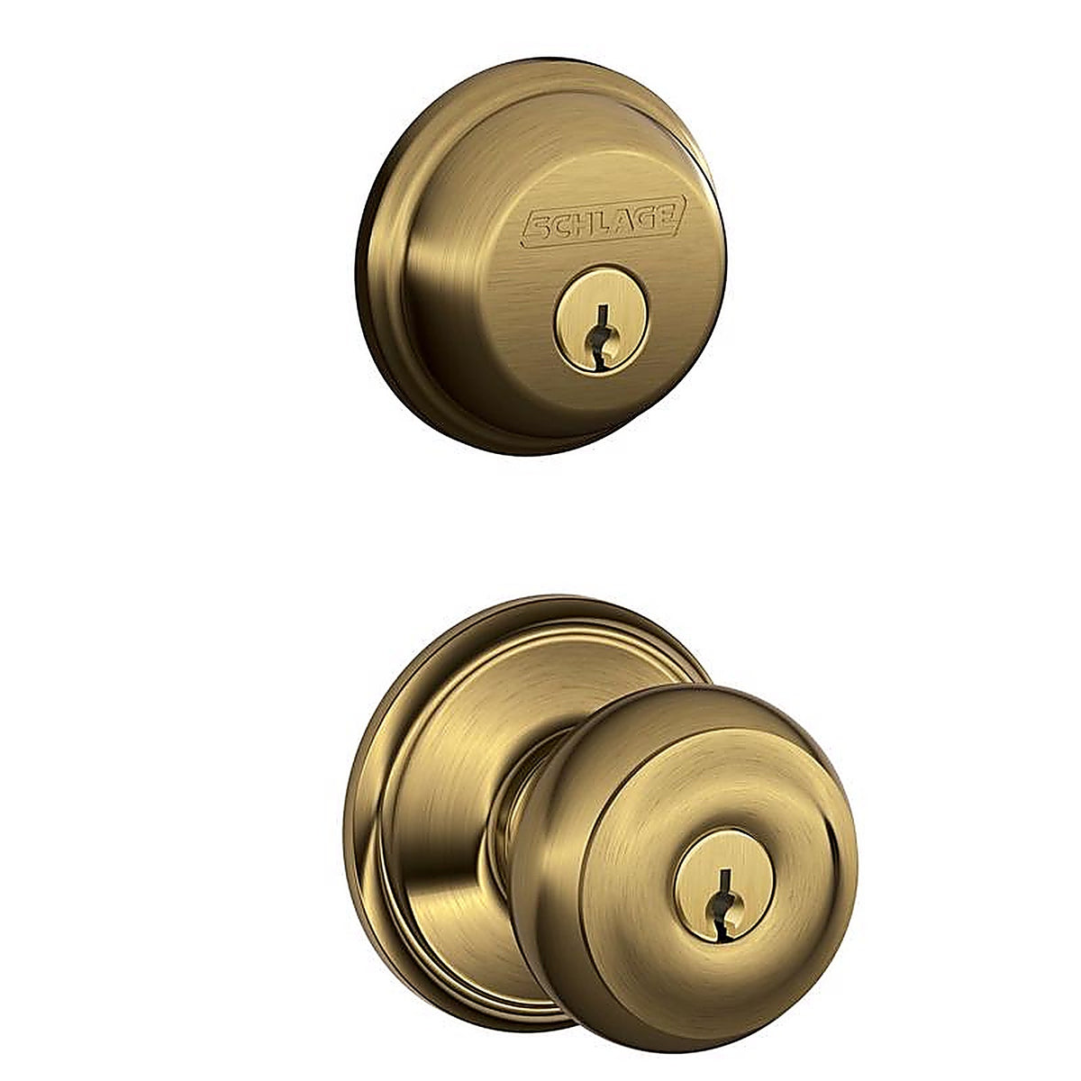 Schlage FB50NVGEO609 Georgian Antique Brass Knob and Single Cylinder Deadbolt ANSI Grade 2 1-3/4 in.