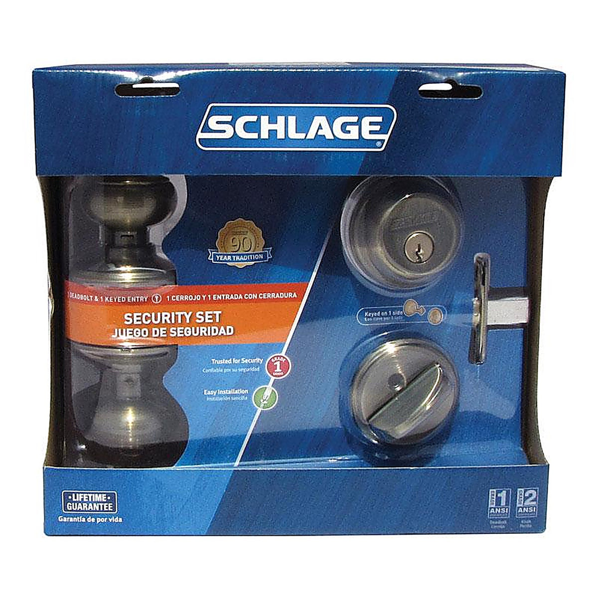 Schlage FB50NVGEO609 Georgian Antique Brass Knob and Single Cylinder Deadbolt ANSI Grade 2 1-3/4 in.