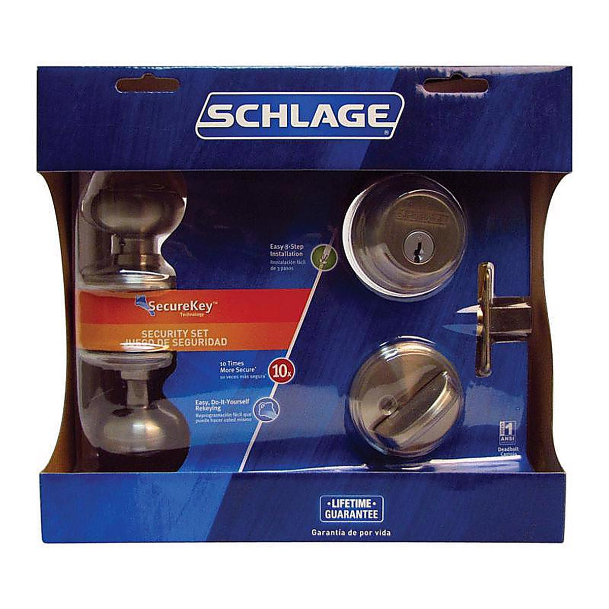Schlage FB50NVGEO619 Georgian Satin Nickel Knob and Single Cylinder Deadbolt ANSI Grade 2 1-3/4 in.