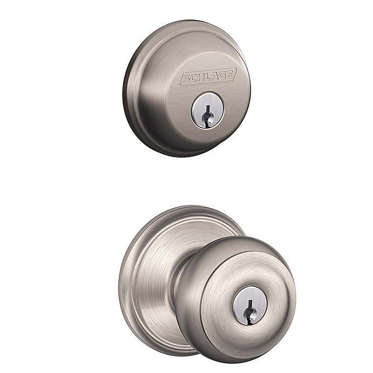 Schlage FB50NVGEO619 Georgian Satin Nickel Knob and Single Cylinder Deadbolt ANSI Grade 2 1-3/4 in.