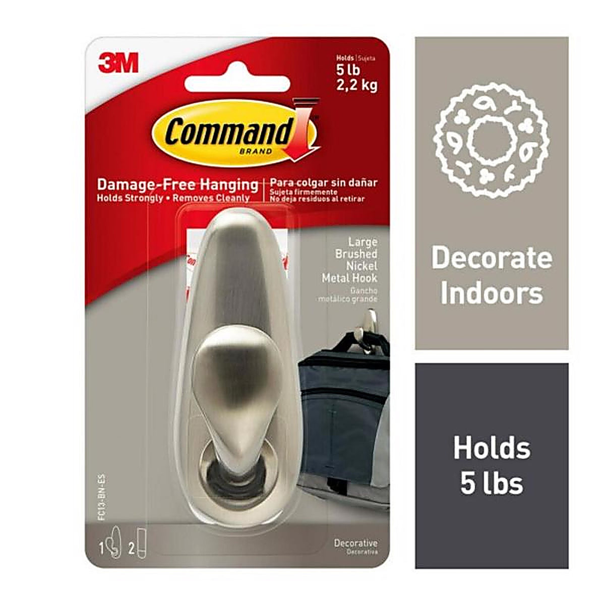 3M FC13-BN-ES Command 4-1/8 in. L Brushed Nickel Metal Large Hook 5 lb. capacity 1/Pack