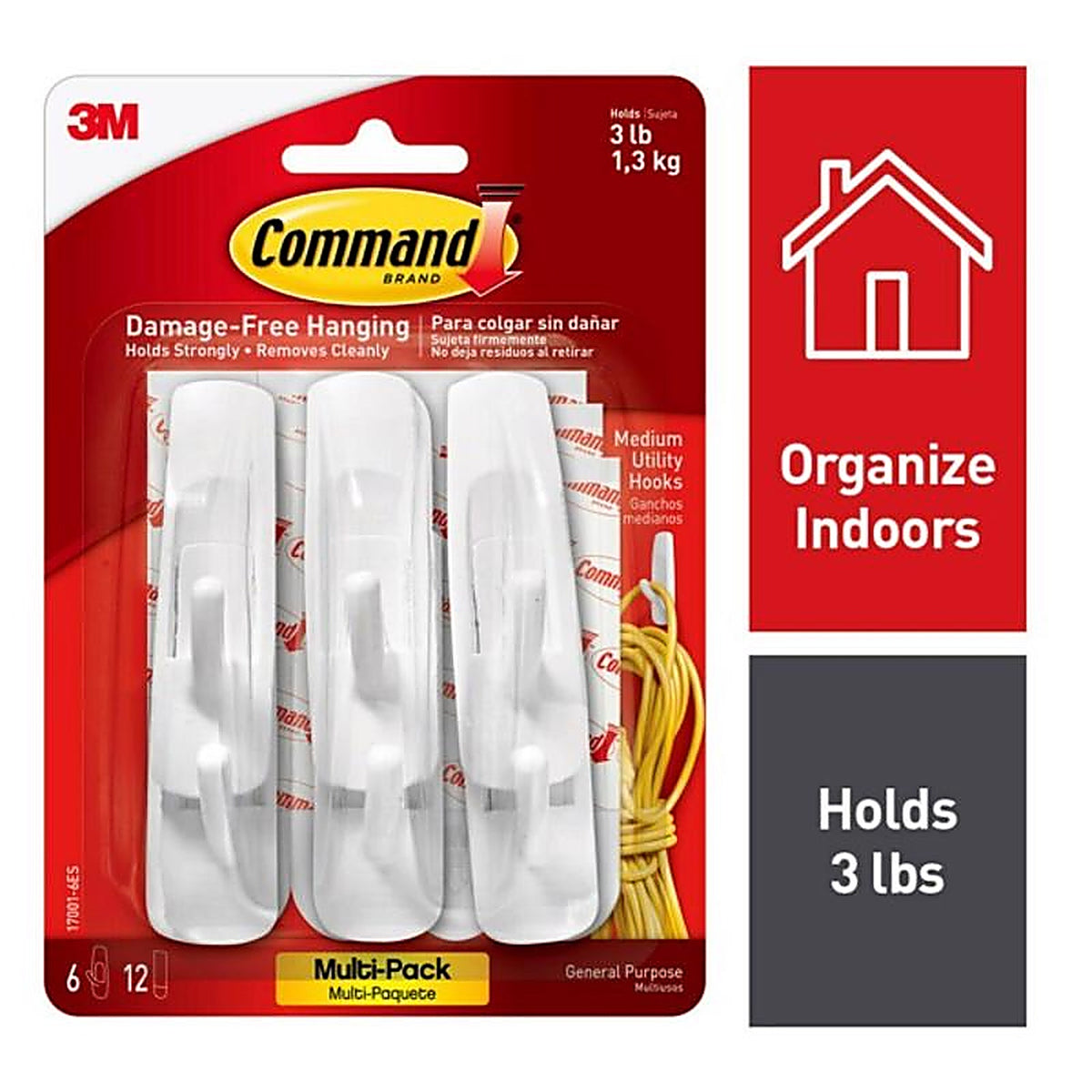 3M 17001-6ES Command Medium Plastic Hook 3-7/8 in. L 6/Pack