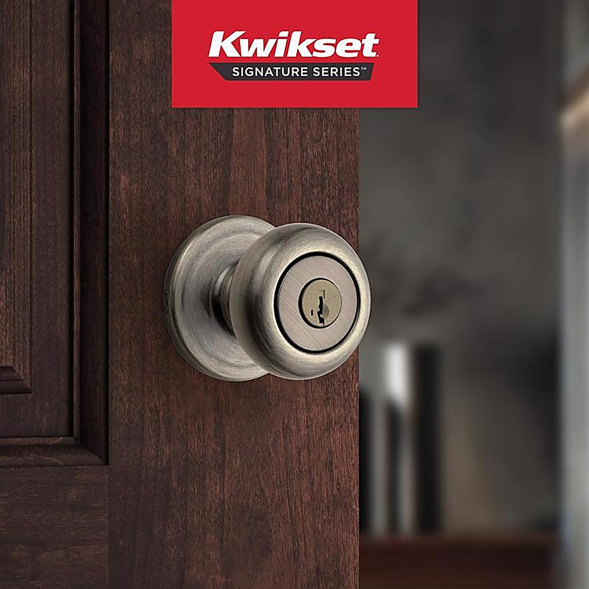 Kwikset 97402-735 SmartKey Juno Antique Brass Entry Lockset ANSI/BHMA Grade 2 KW1 1-3/4 in.