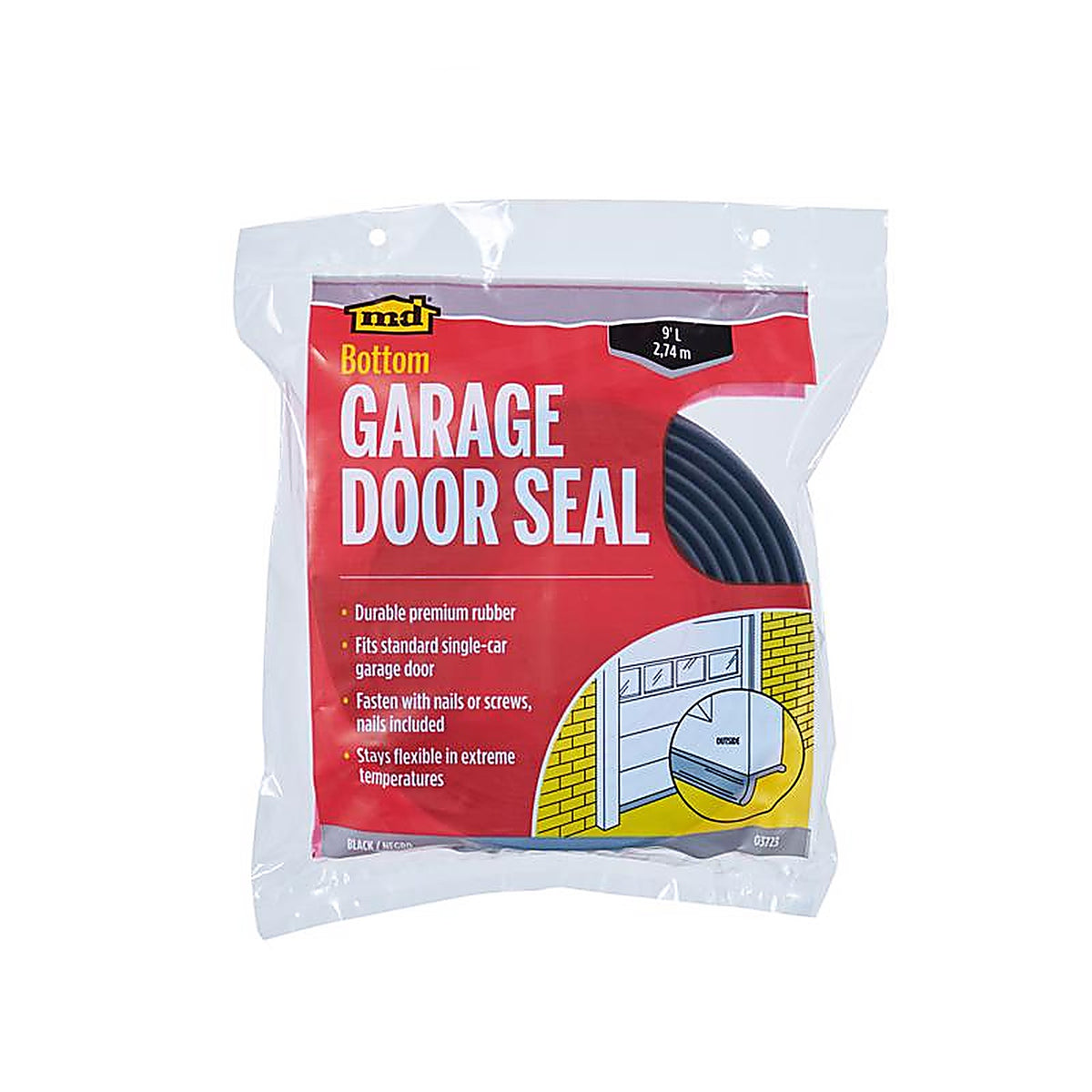 M-D 3723 Black Rubber Door Set Seal For Garage Doors, Garage Doors 9 ft. L x 1 in.