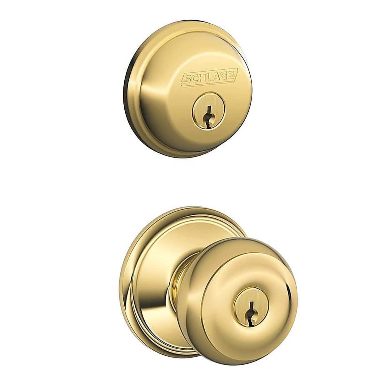 Schlage FB50NVGEO505 Georgian Bright Brass Knob and Single Cylinder Deadbolt ANSI Grade 2 1-3/4 in.