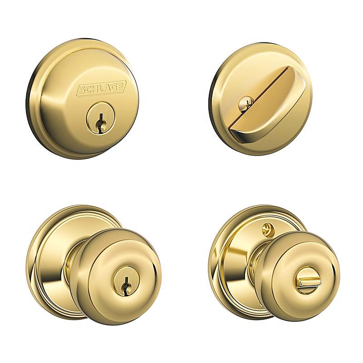 Schlage FB50NVGEO505 Georgian Bright Brass Knob and Single Cylinder Deadbolt ANSI Grade 2 1-3/4 in.