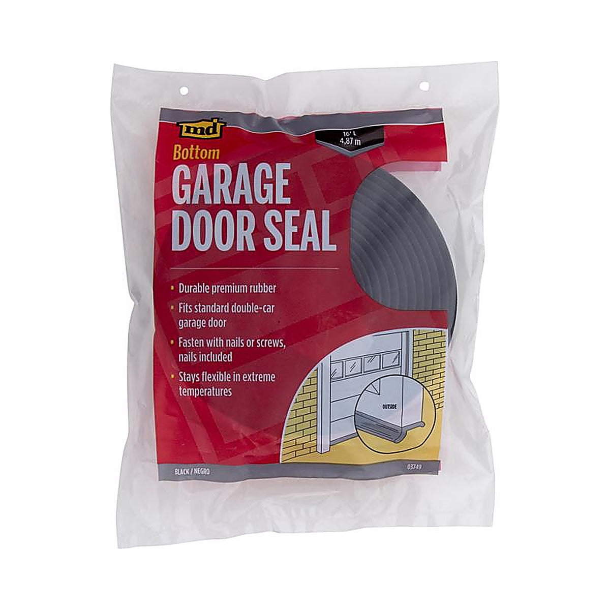 M-D 3749 Black Rubber Door Set Seal For Garage Doors, Garage Doors 16 ft. L x 1 in.