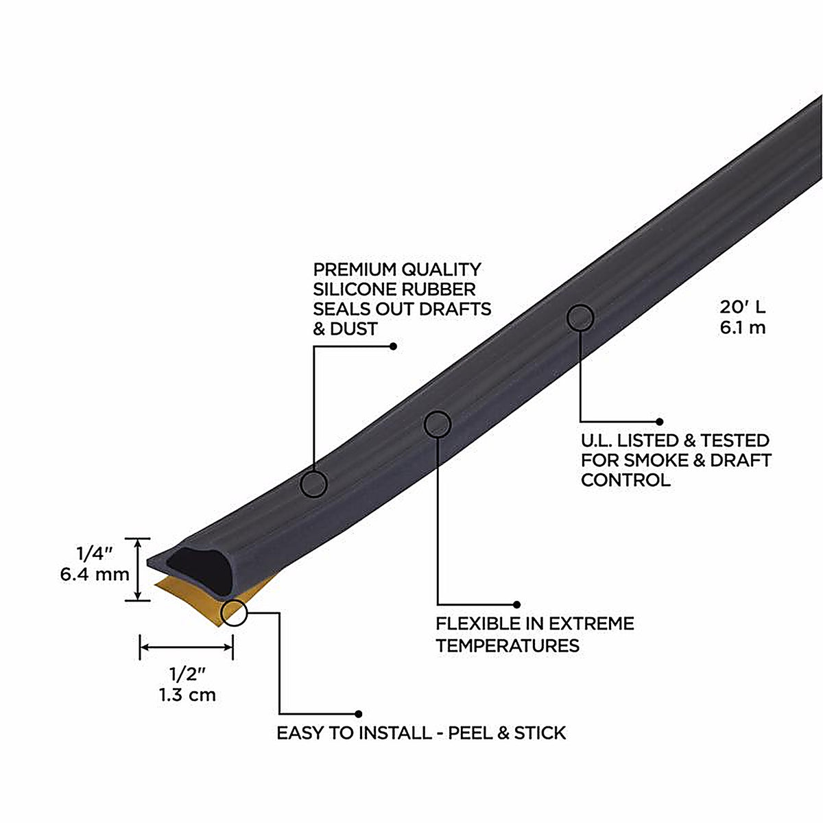 M-D 68668 Black Silicone Weatherstrip For Doors, Doors 20 ft. L x 1/4 in.