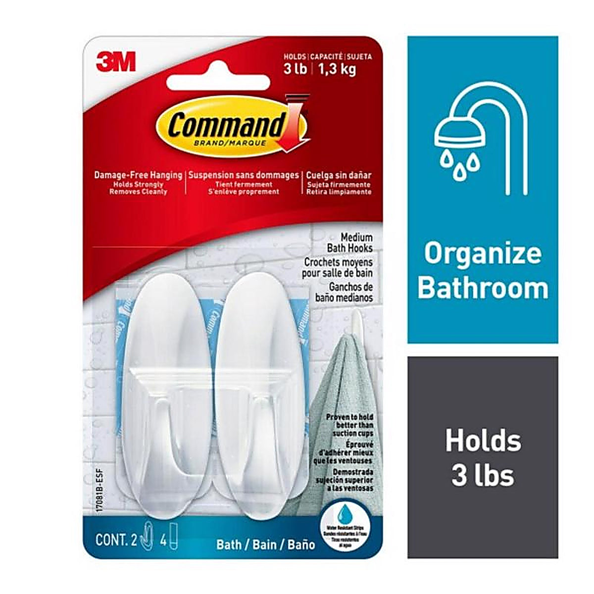 3M 17081B-ES Medium Plastic Bath Hook 2/Pack