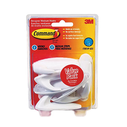 3M 17081-6ES Medium Plastic Designer Hooks 3-1/8 in. L 6/Pack
