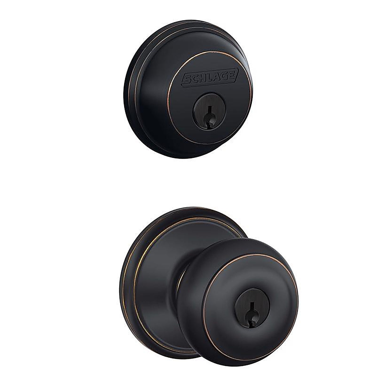Schlage FB50NVGEO716 Georgian Aged Bronze Knob and Single Cylinder Deadbolt ANSI Grade 2 1-3/4 in.