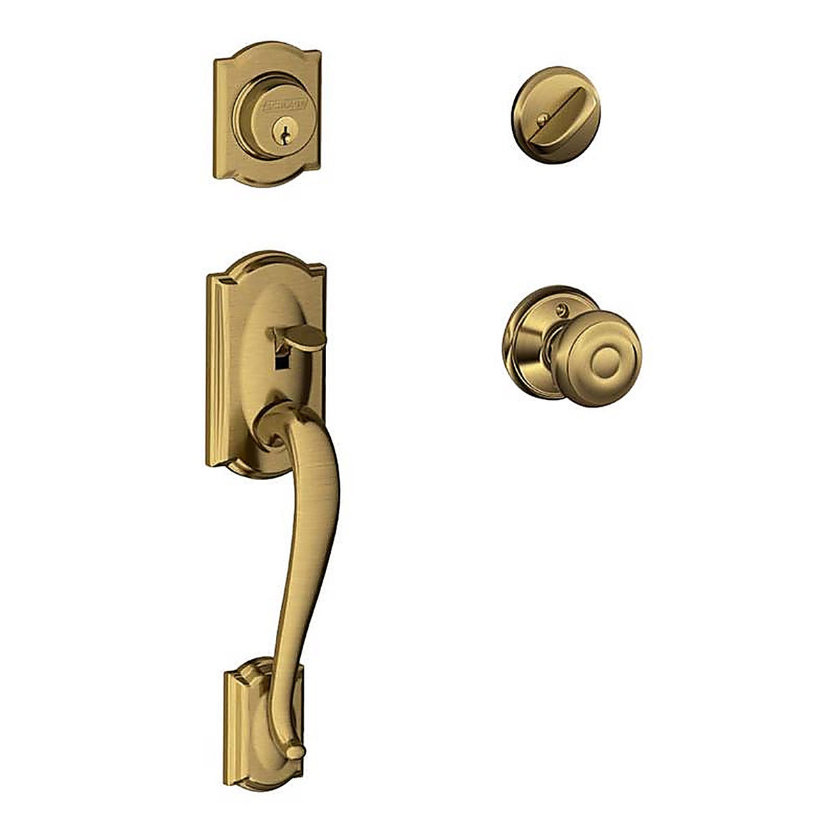 Schlage - F60 G CAM 609 G - Camelot, Accent Antique Brass Entry Handleset 1-3/4 in.