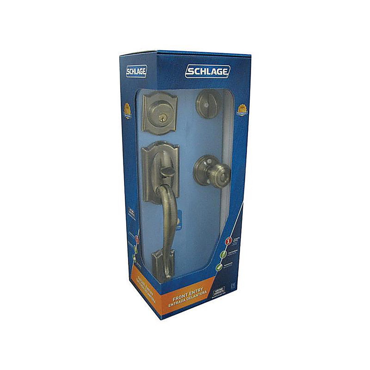 Schlage - F60 G CAM 609 G - Camelot, Accent Antique Brass Entry Handleset 1-3/4 in.