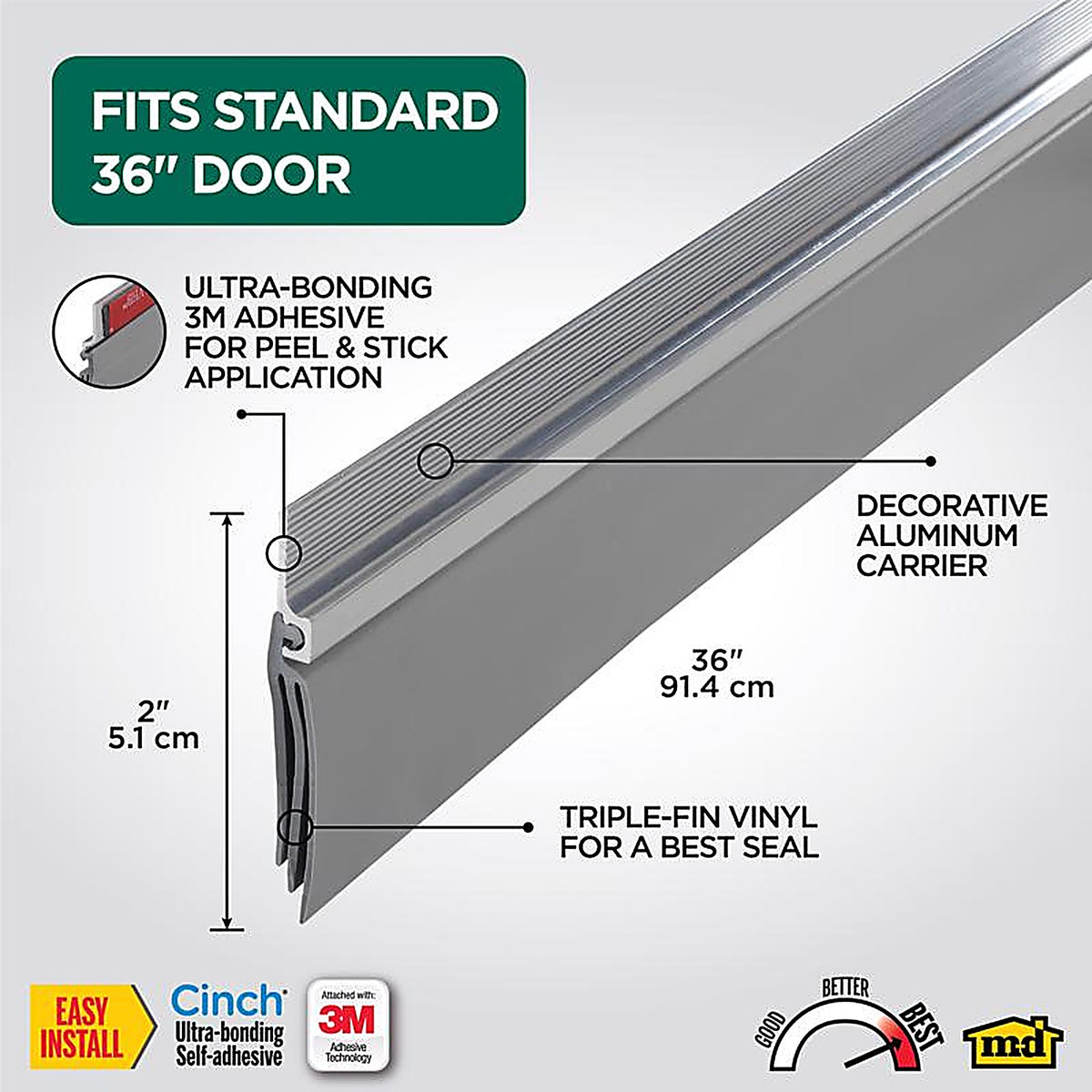 M-D 43300 Cinch Silver Aluminum/Vinyl Weatherstrip For Doors, Doors 36 in. L x 1/4 in.