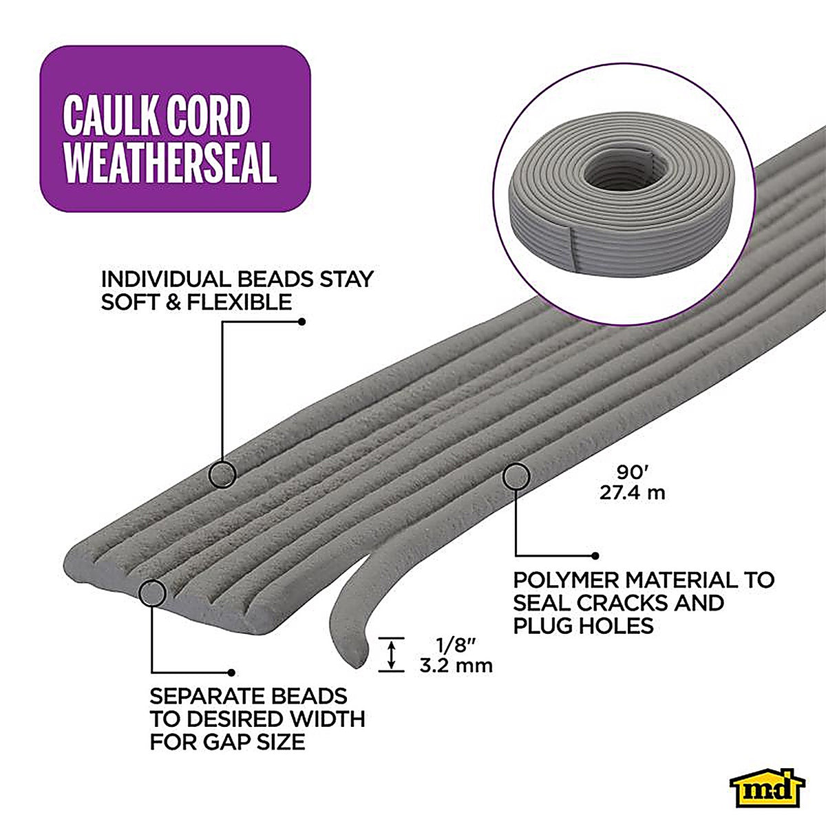 M-D 71548 Gray Caulk Weather Stripping For Door and Window 90 ft. L x 1/8 in.