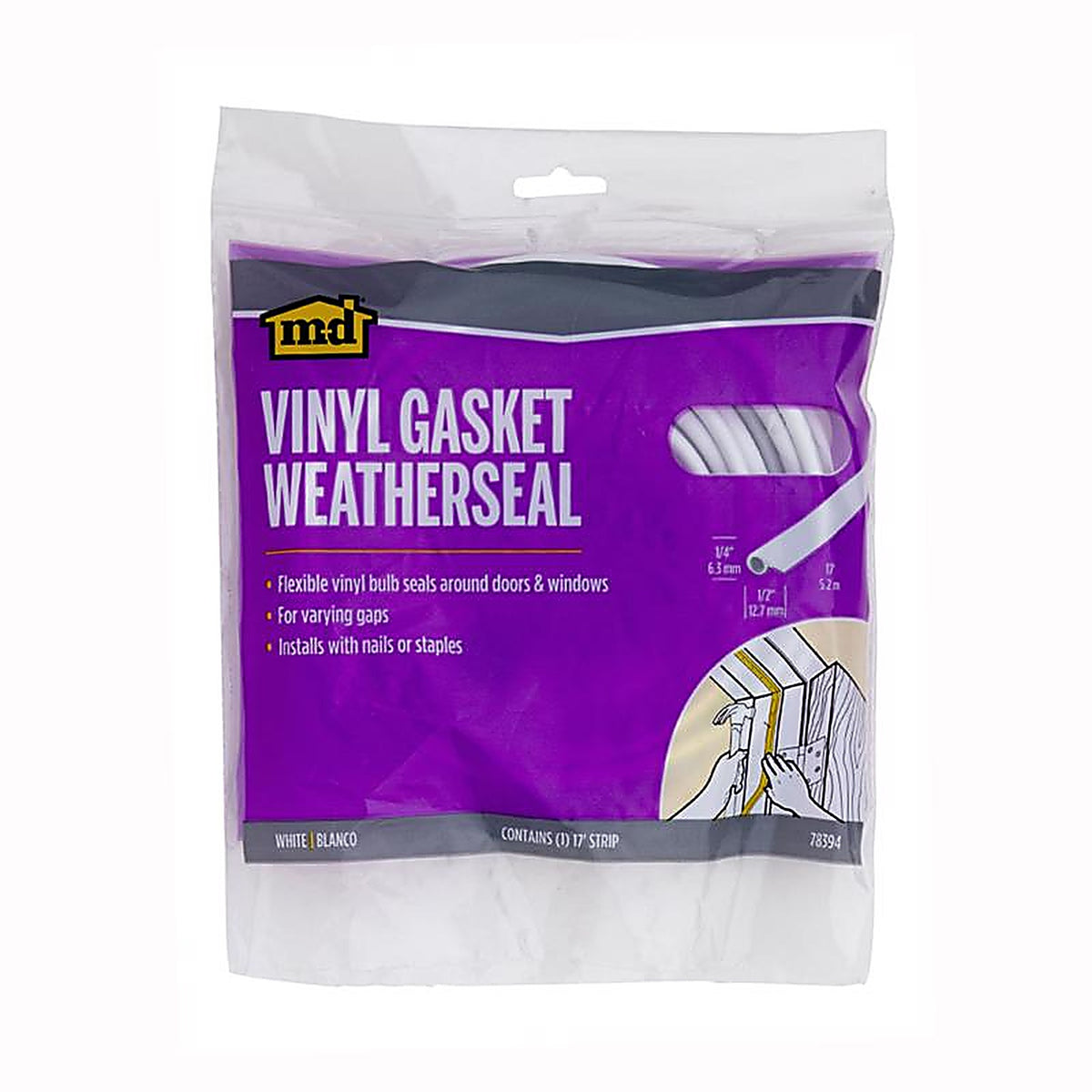 M-D 78394 White Vinyl Gasket Weatherstrip For Doors and Windows, Doors and Windows 17 ft. L x 1/2 in.
