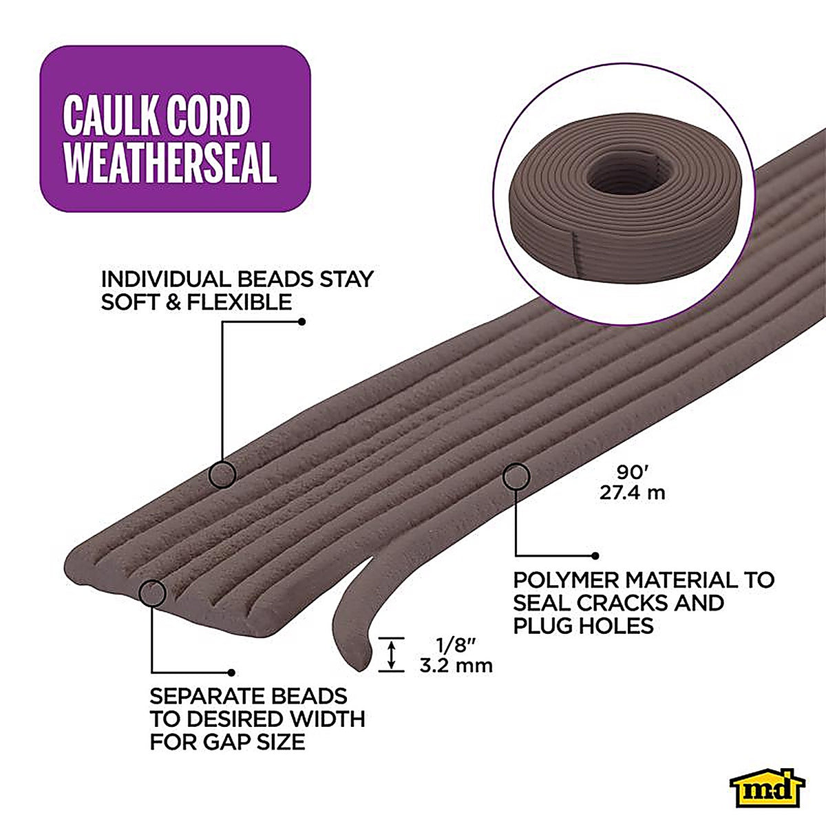 M-D - 71525 - Building Products Brown Vinyl Caulking Cord for Doors and Windows 1080 In. L X 0.13 In.