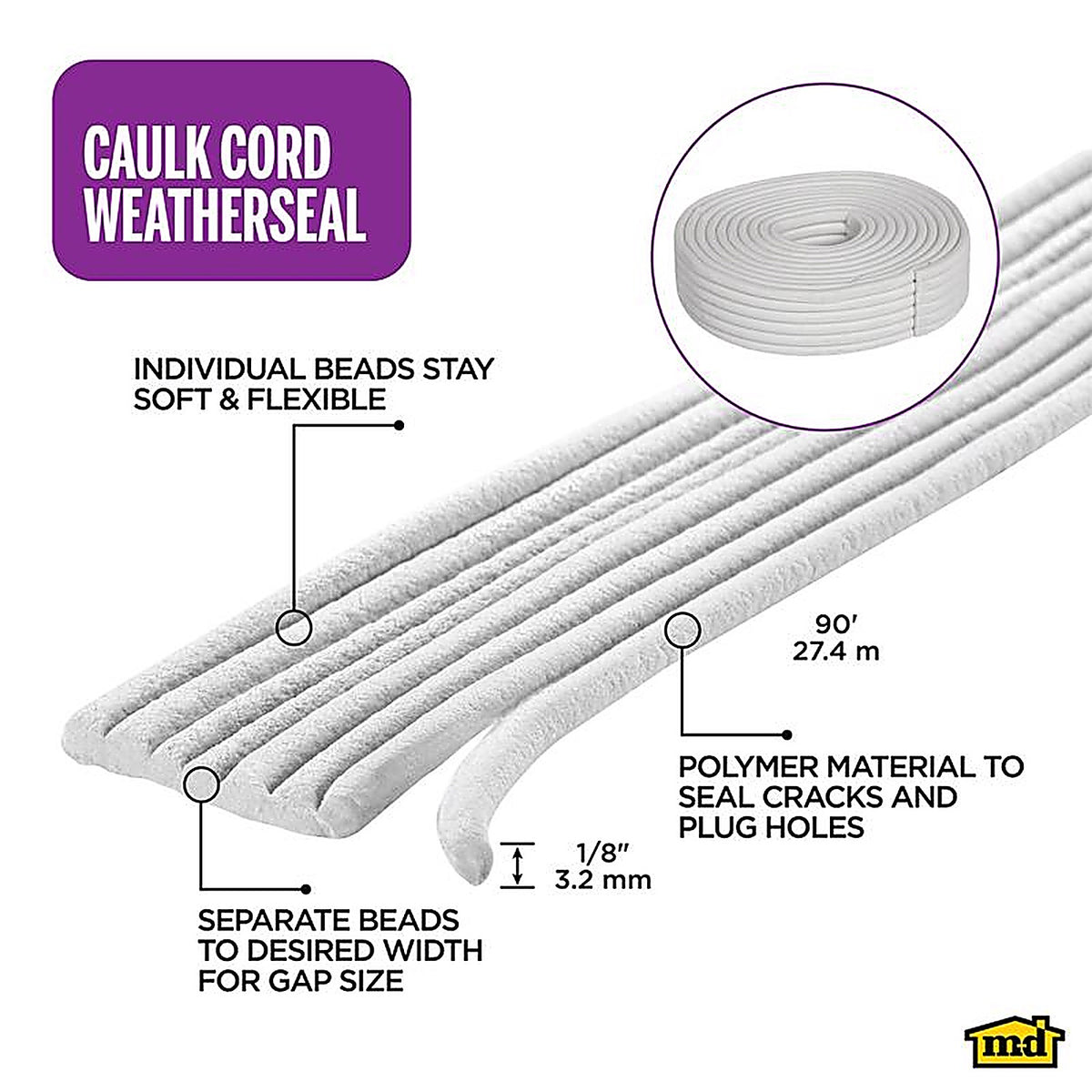 M-D 71520 White Synthetic Fiber Caulk Backer Rod For Door and Window 90 ft. L x 1/8 in.