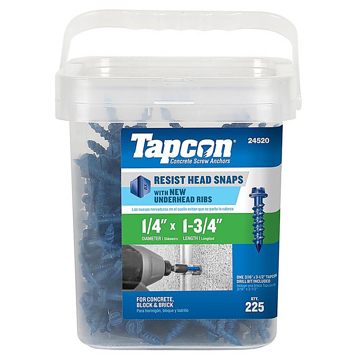 Tapcon 24520 1/4 in. Dia. x 1-3/4 in. L Steel Hex Head Concrete Screw Anchor 225/Pack
