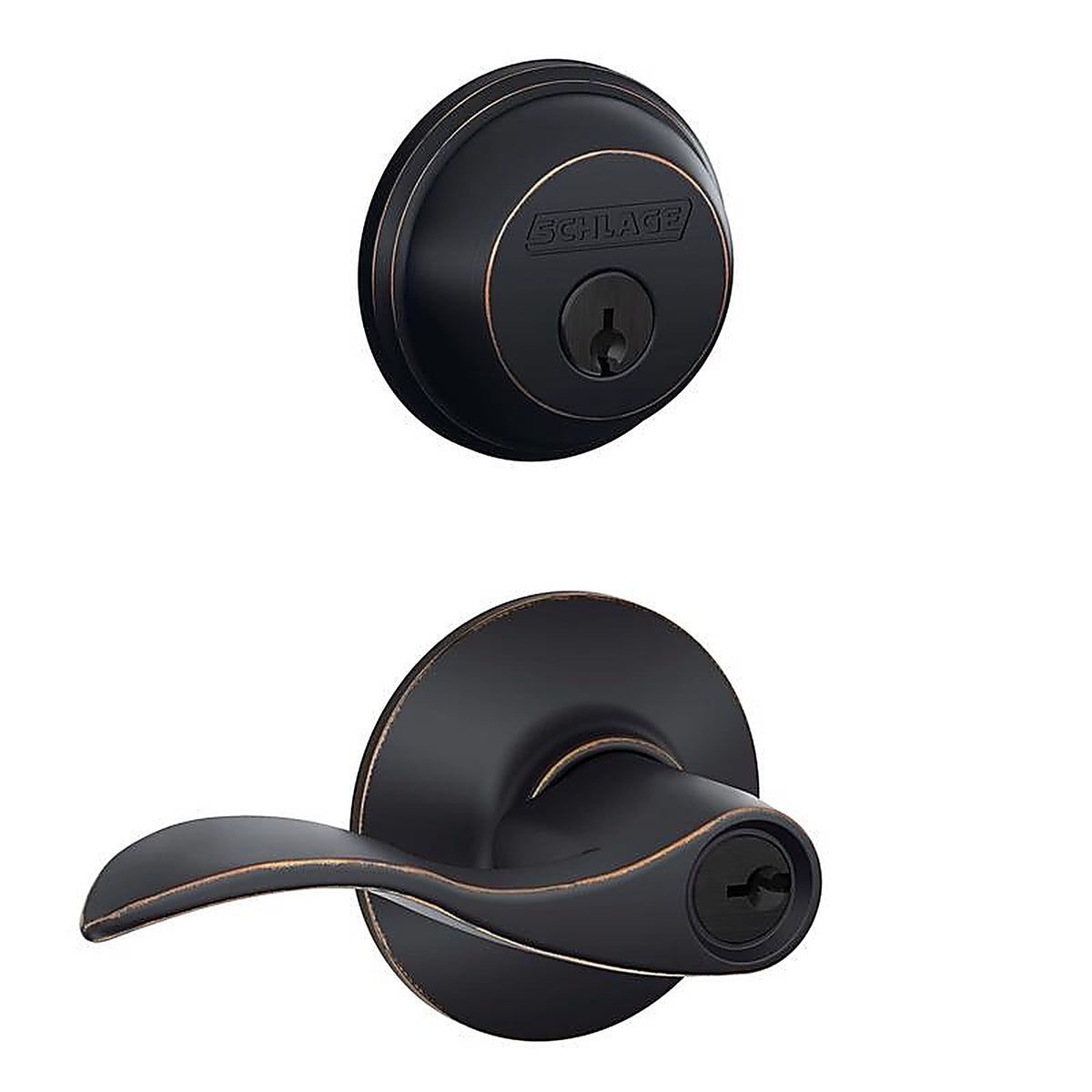 Schlage FB50NVACC716 Aged Bronze Zinc Lever and Single Cylinder Deadbolt