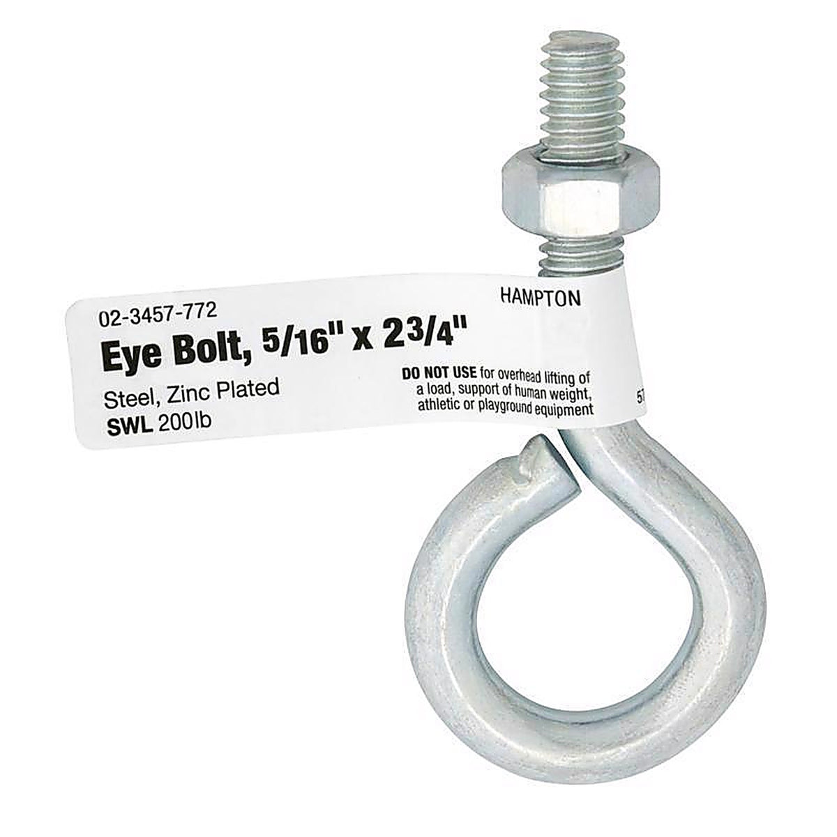 Hampton 02-3457-772 5/16 in. x 2-3/4 in. L Zinc-Plated Steel Eyebolt Nut Included