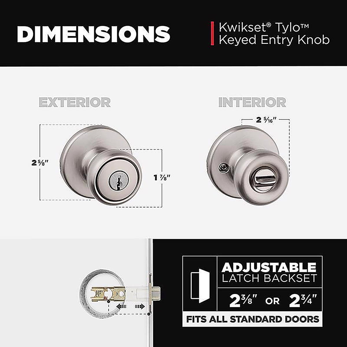 Kwikset 94002-820 Tylo Satin Nickel Entry Knobs ANSI/BHMA Grade 3 1-3/4 in.