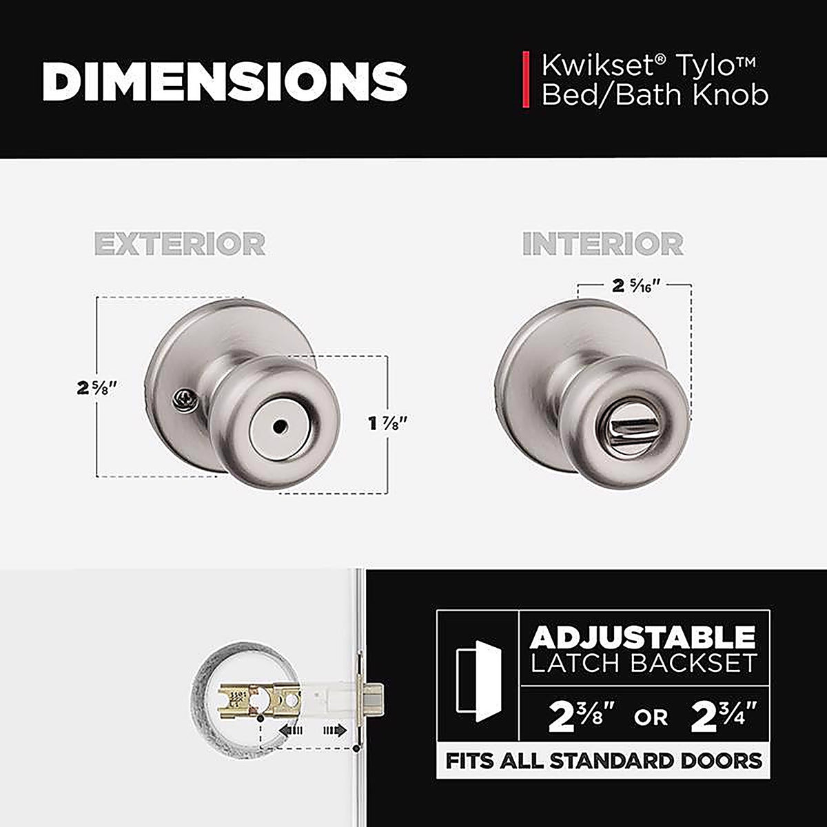 Kwikset 93001-865 Tylo Satin Nickel Steel Privacy Knob 3 Right or Left Handed