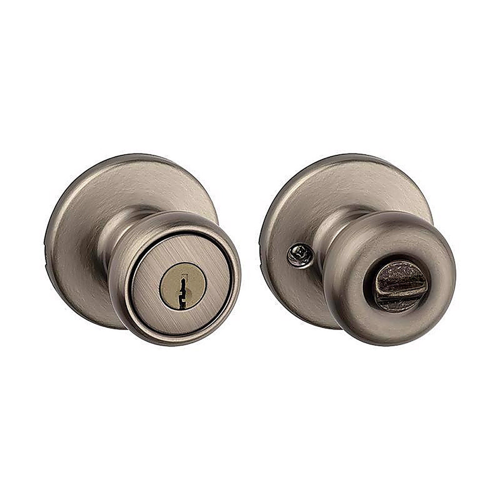 Kwikset 94002-827 Tylo Antique Brass Entry Knobs ANSI/BHMA Grade 3 1-3/4 in.