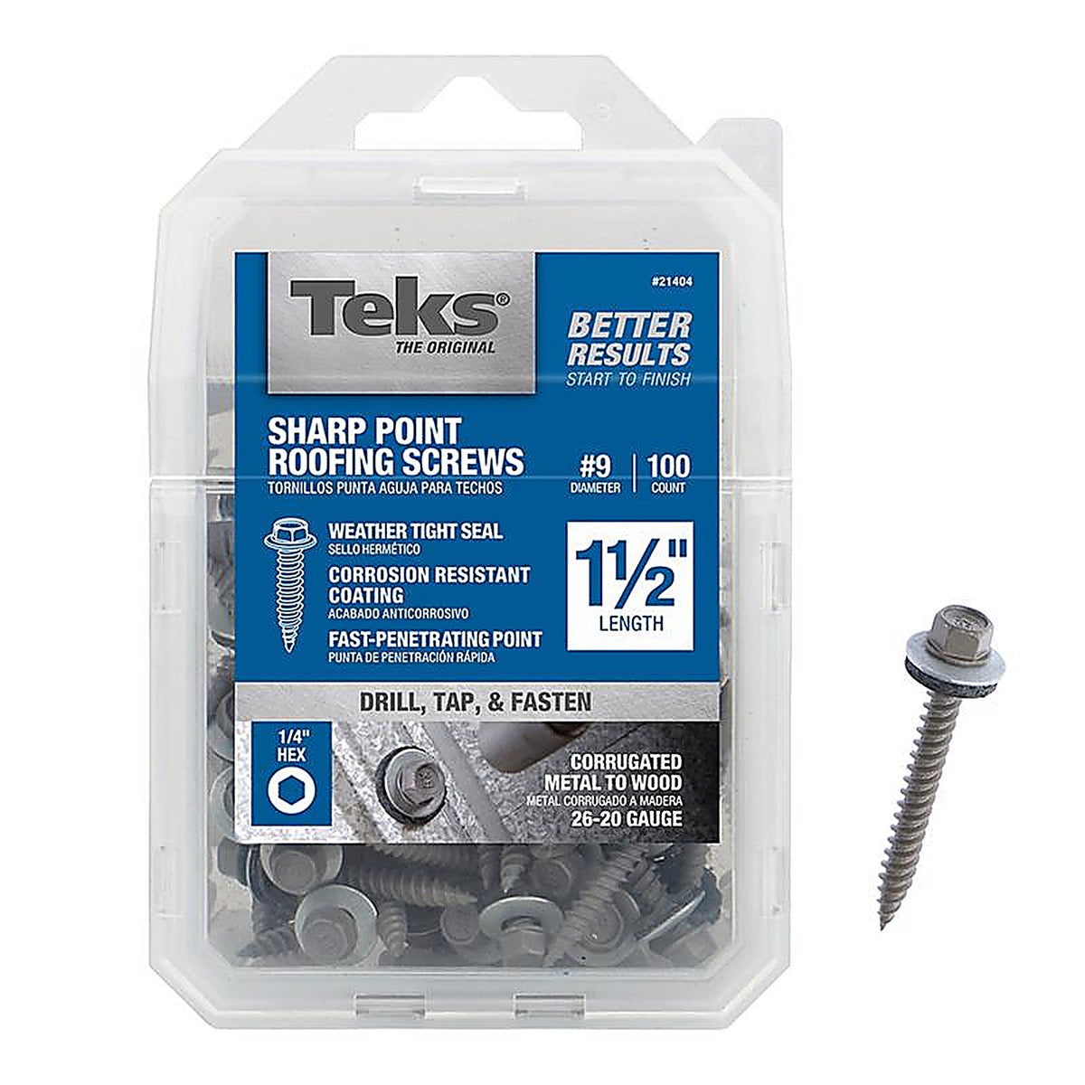 Teks 21404 No. 9 Sizes x 1-1/2 in. L Self-Tapping Hex Washer Head Steel Self- Drilling Screws 100 lb.