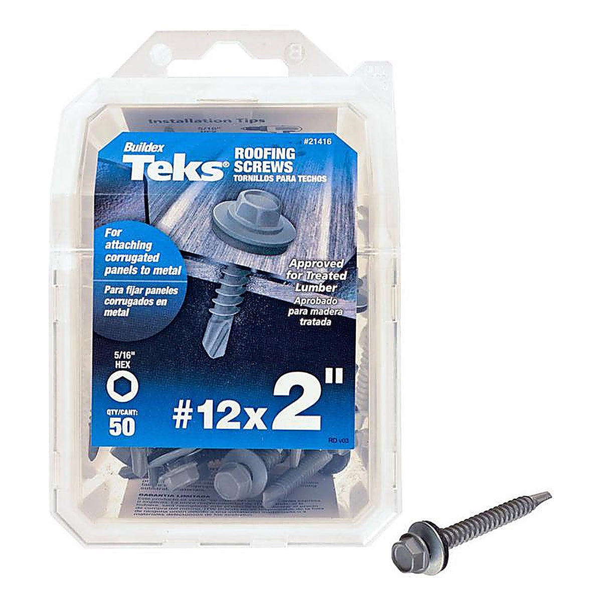 Teks 21416 No. 12 Sizes x 2 in. L Self-Tapping Hex Washer Head Steel Self- Drilling Screws 50/Pack