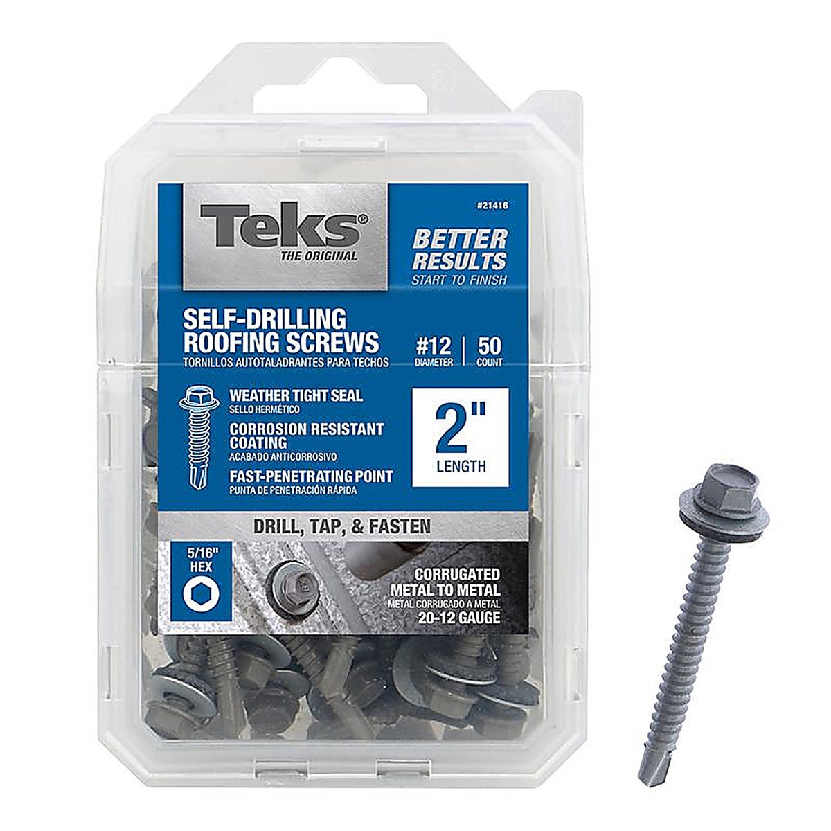 Teks 21416 No. 12 Sizes x 2 in. L Self-Tapping Hex Washer Head Steel Self- Drilling Screws 50/Pack