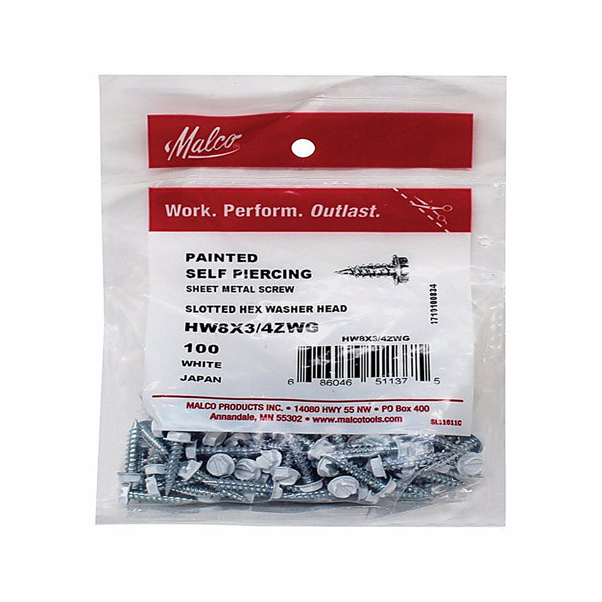 Malco - HW8X3/4ZWG - No. 8 Sizes X 3/4 In. L Slotted HEX Washer Head Sheet Metal Screws 100 Pack