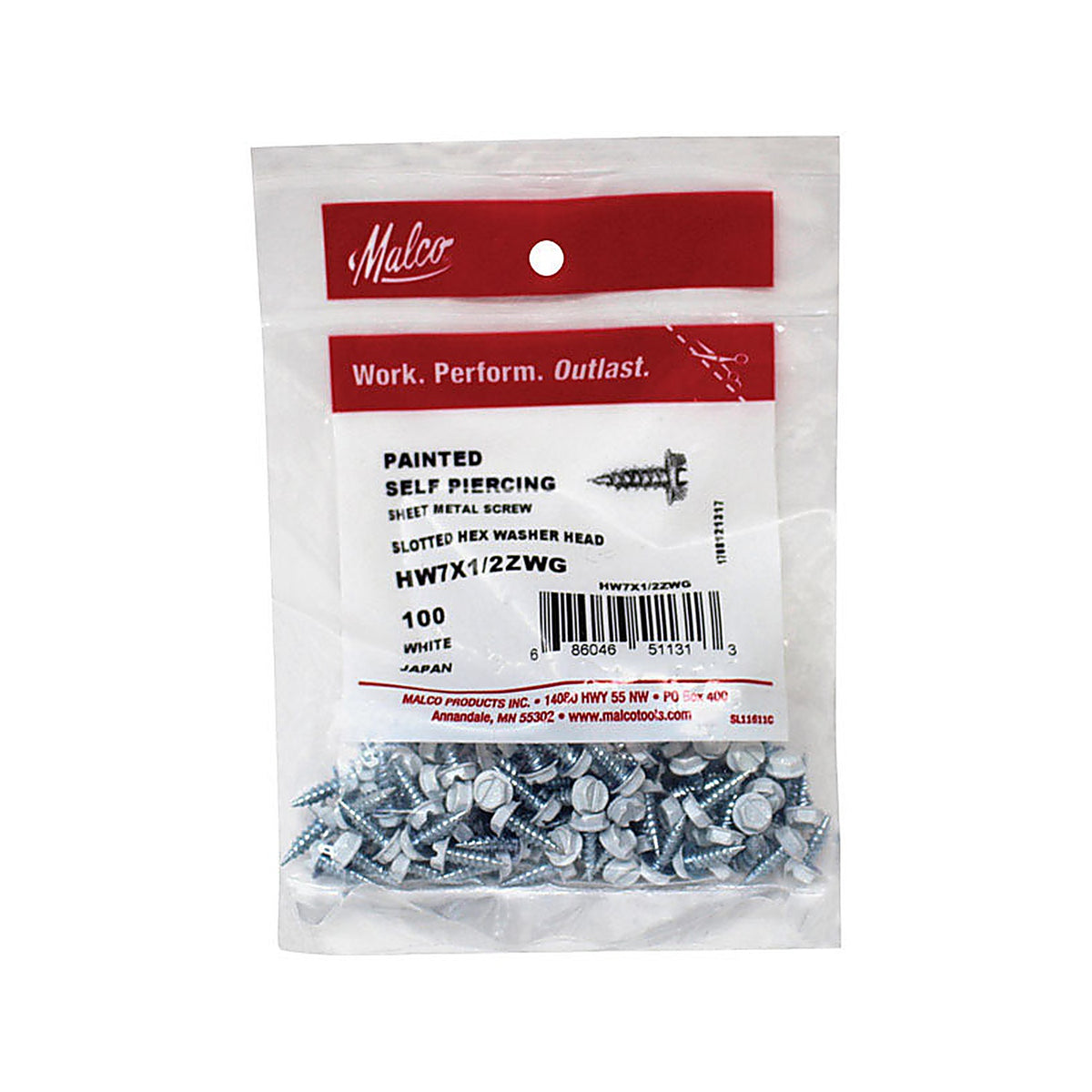 Malco - HW7X1/2ZWG - No 7 Sizes X 1/2 In. L Slotted HEX Washer Head Sheet Metal Screws 100 Pack