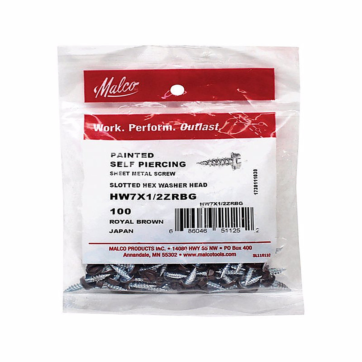 Malco - HW7X1/2ZRBG - No. 7 Sizes X 1/2 In. L Slotted HEX Washer Head Sheet Metal Screws 100 Pack