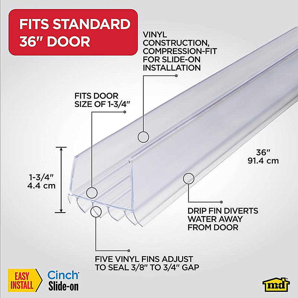 M-D 43338 Cinch Clear Rubber Door Bottom For Slide-On 36 in. L x 1-3/4 in. thick
