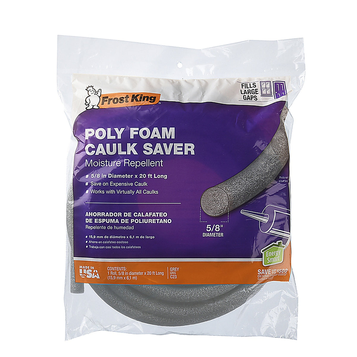 Frost King - C23H - Gray Poly Foam Caulk Saver for Gaps and Openings 20 Ft. L X 0.63 In.