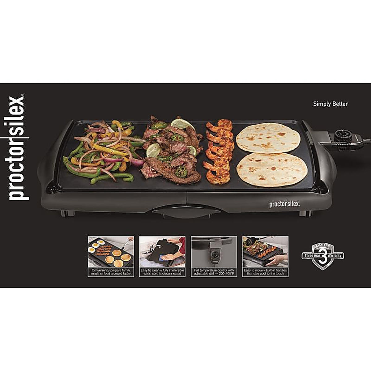 Proctor Silex - 38513MN - Black Plastic Nonstick Surface Electric Griddle 200 Sq in