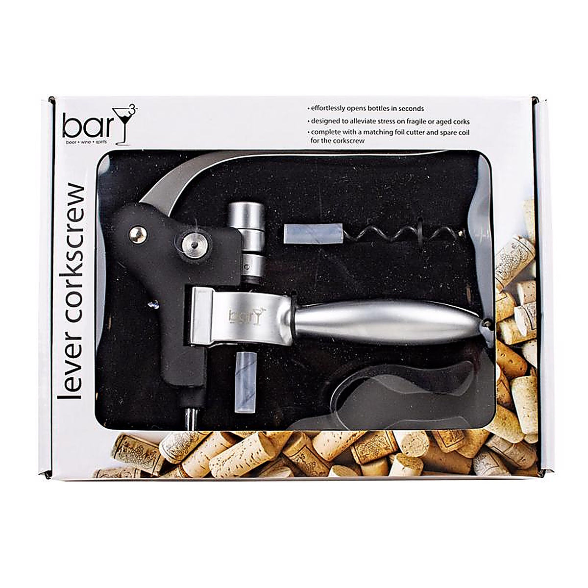 BarY3 BAR-0753 Black/Silver Stainless Steel Lever Corkscrew Set