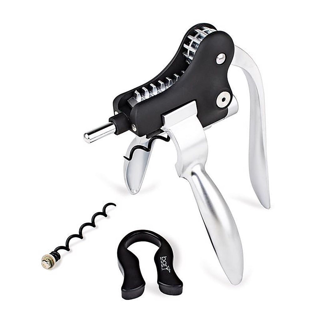 BarY3 BAR-0753 Black/Silver Stainless Steel Lever Corkscrew Set