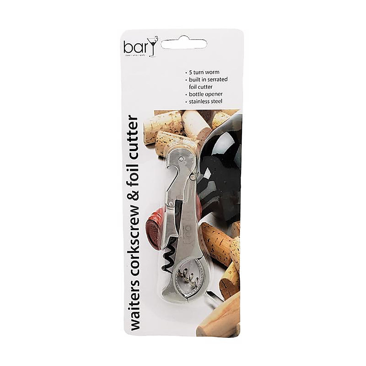 BarY3 BAR-0142 Black/Silver Stainless Steel Waiters Corkscrew