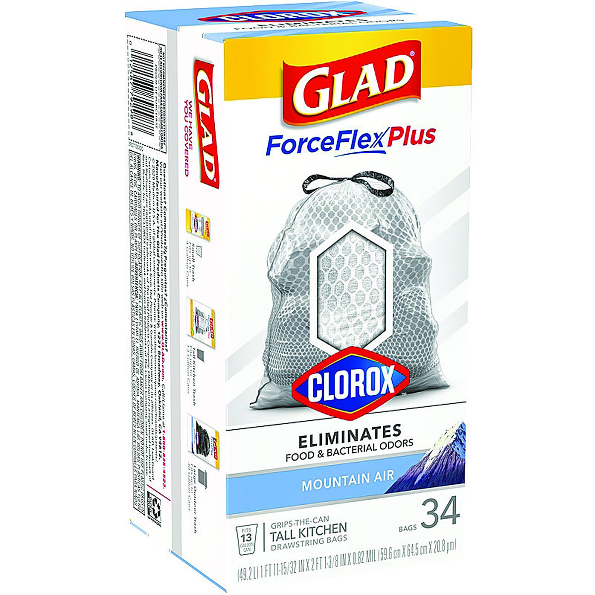 Glad 79298 ForceFlex Plus 13 gal. Mountain Air Scent Tall Kitchen Bags Drawstring 34/Pack