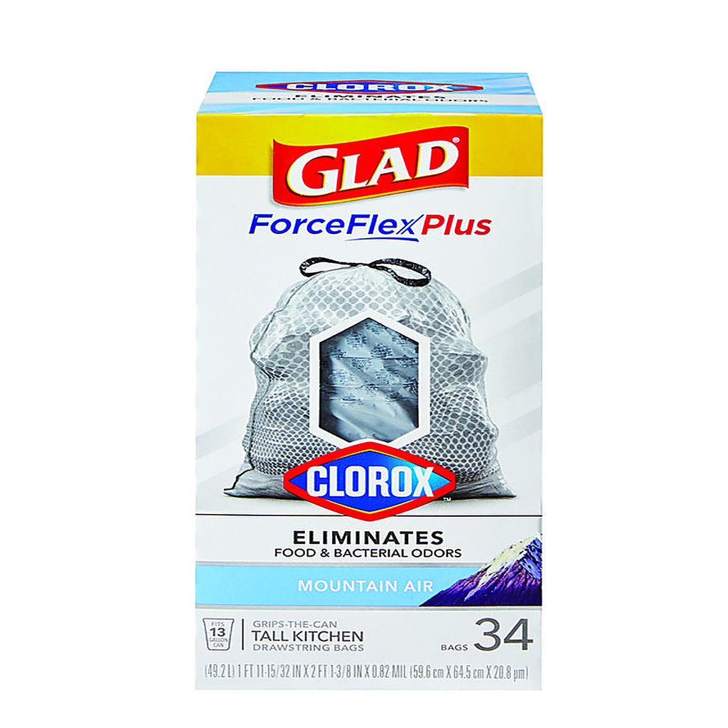 Glad 79298 ForceFlex Plus 13 gal. Mountain Air Scent Tall Kitchen Bags Drawstring 34/Pack