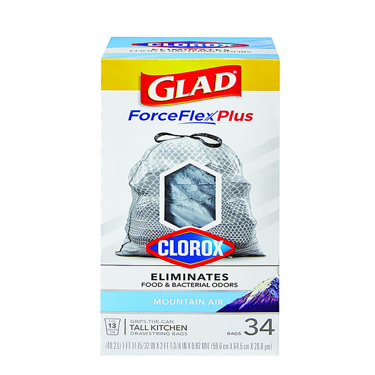 Glad 79298 ForceFlex Plus 13 gal. Mountain Air Scent Tall Kitchen Bags Drawstring 34/Pack